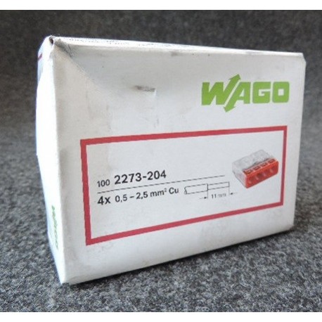 Bornier de connexion 4 entrées fils rigides max 2.5mm² rouge-transparent (boite de 100) WAGO CONTACT 2273-204